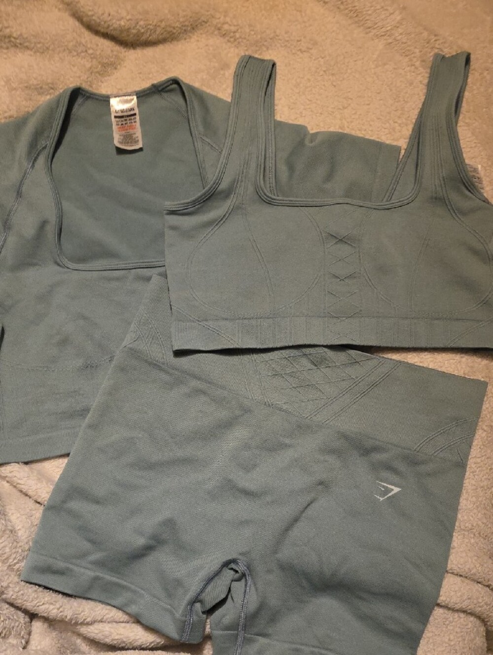 Gymshark Sage Green Corset Seamless Crop Top Xl, Shorts L And Sports Bra L